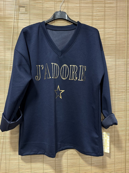 TU - Sweat col V J'adore bleu marine