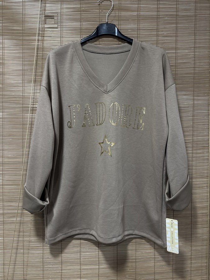 TU - Sweat col V J'adore taupe