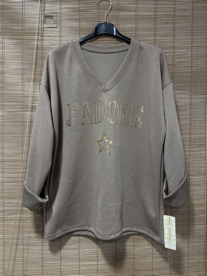 TU - Sweat col V J'adore taupe