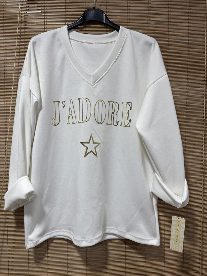 TU - Sweat col V J'adore blanc