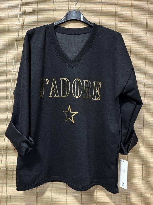 TU - Sweat col V J'adore noir