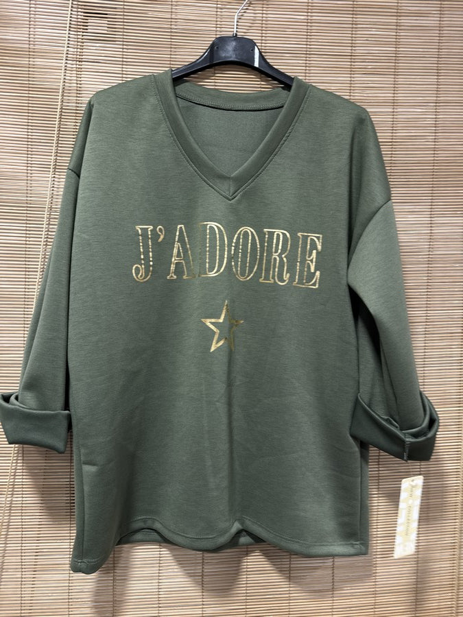 TU - Sweat col V J'adore kaki