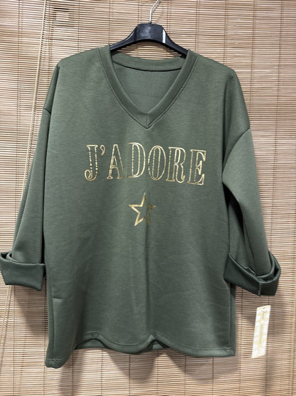 TU - Sweat col V J'adore kaki