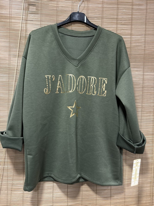 TU - Sweat col V J'adore kaki