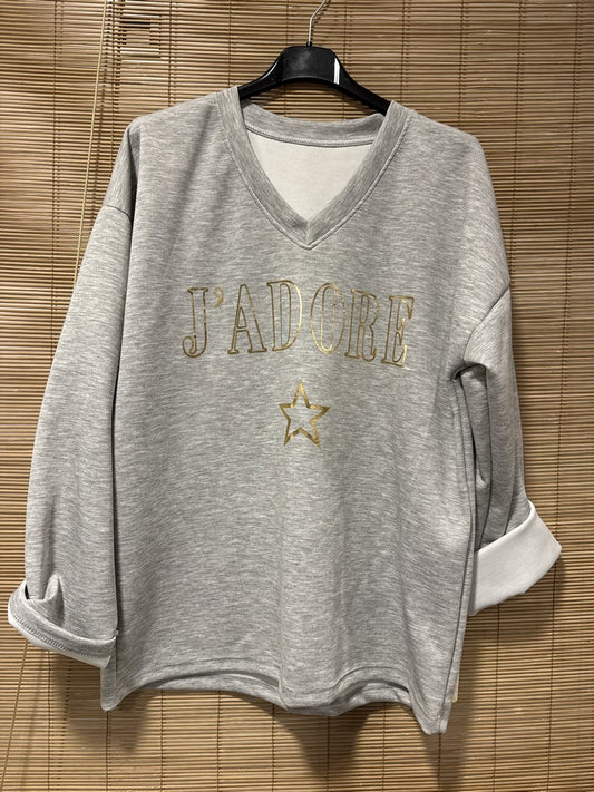 TU - Sweat col V J'adore gris