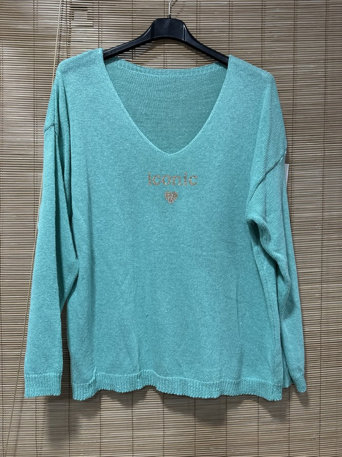 TU - Pull col V Iconic menthe