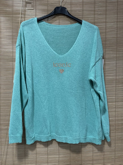 TU - Pull col V Iconic menthe