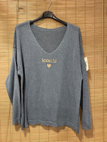 TU - Pull col V Iconic bleu jean