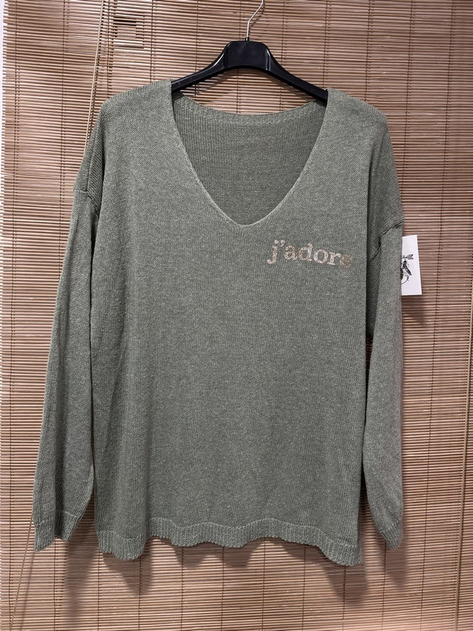 TU - Pull col V J'adore kaki