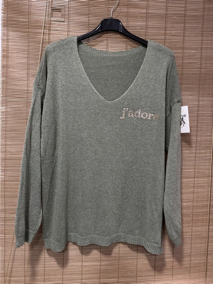 TU - Pull col V J'adore kaki