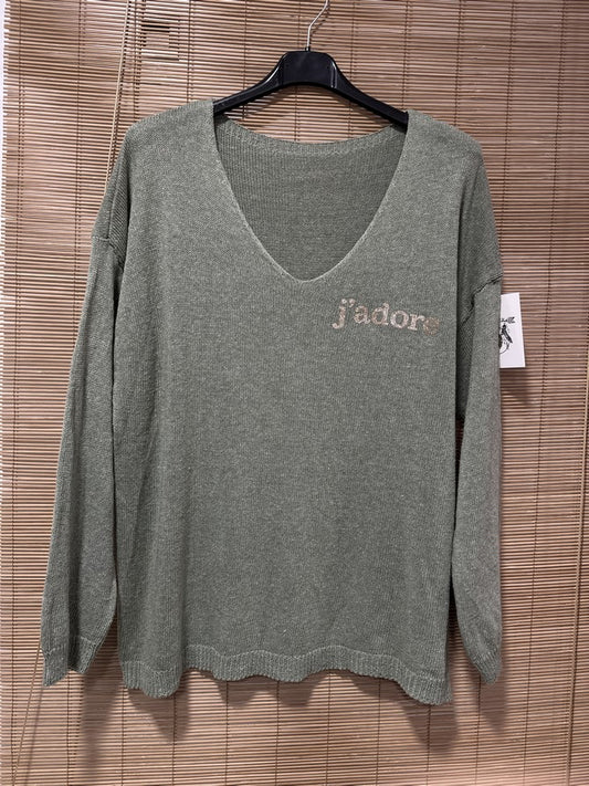 TU - Pull col V J'adore kaki