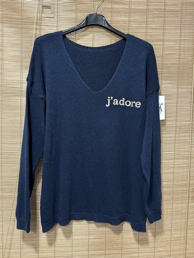 TU - Pull col V J'adore bleu marine