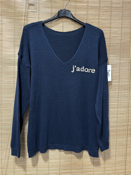 TU - Pull col V J'adore bleu marine