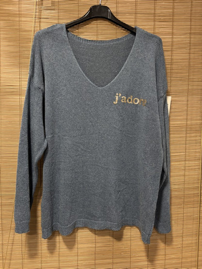TU - Pull col V J'adore bleu jean