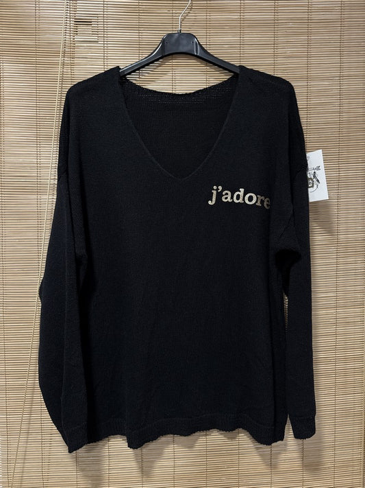 TU - Pull col V J'adore noir