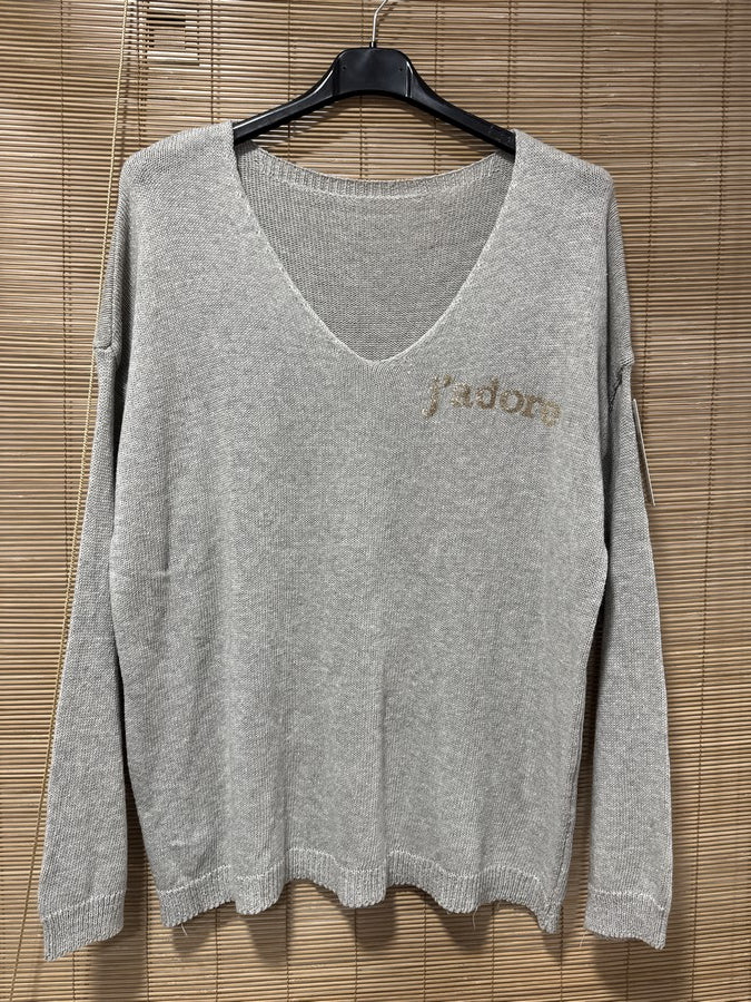 TU - Pull col V J'adore gris