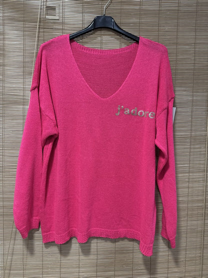 TU - Pull col V J'adore fuchsia