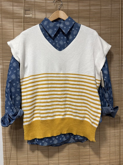 Pull débardeur marinière moutarde