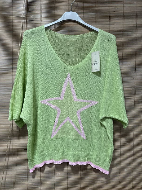 Petit pull fin étoile vert anis