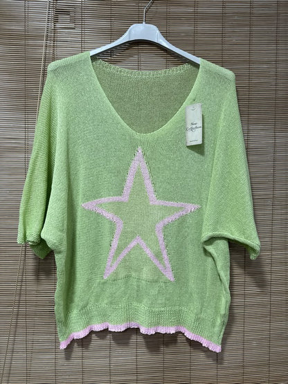 Petit pull fin étoile vert anis