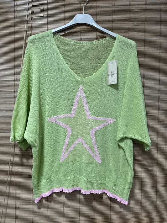 Petit pull fin étoile vert anis
