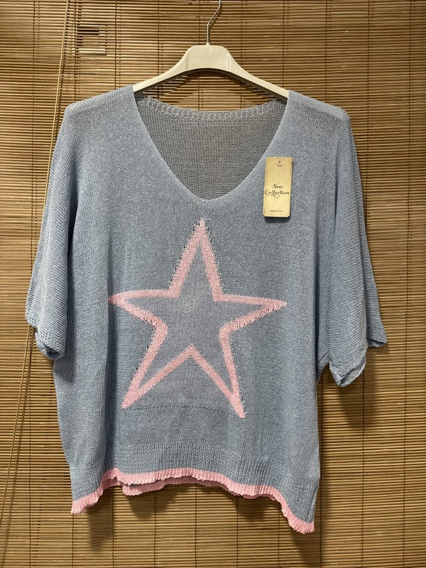 Petit pull fin étoile bleu ciel