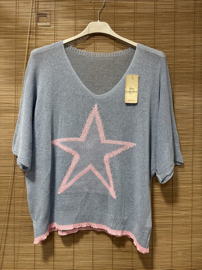 Petit pull fin étoile bleu ciel