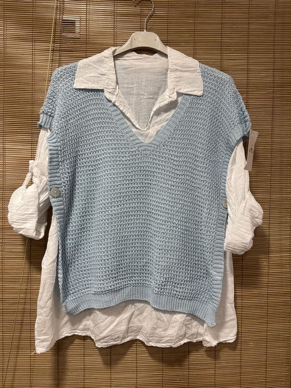 Set chemise et pull débardeur bleu ciel