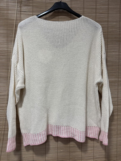 Pull col V bordure rose
