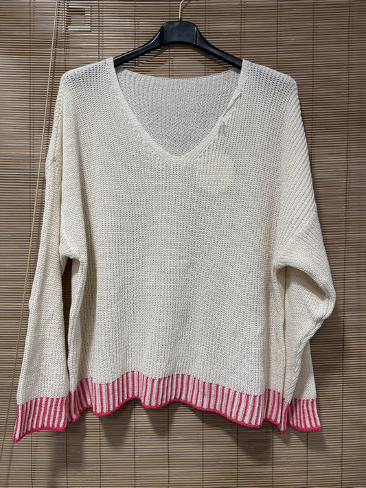 Pull col V bordure fuchsia