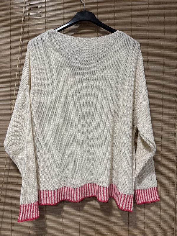 Pull col V bordure fuchsia