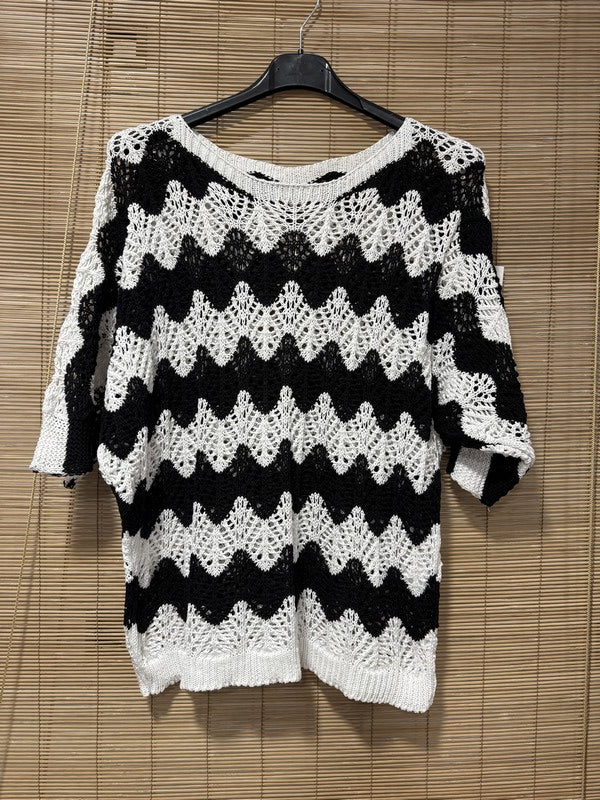 Pull ajouré manches courtes zigzag noir