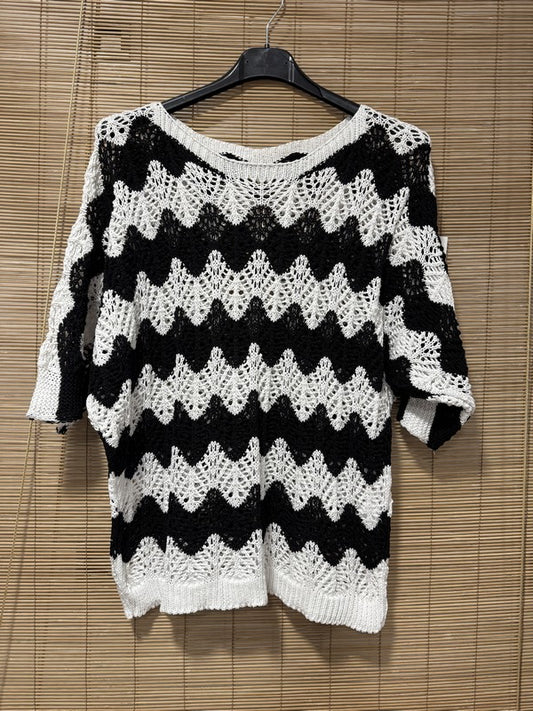 Pull ajouré manches courtes zigzag noir