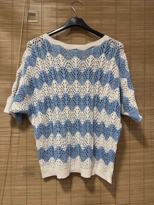 Pull ajouré manches courtes zigzag bleu ciel