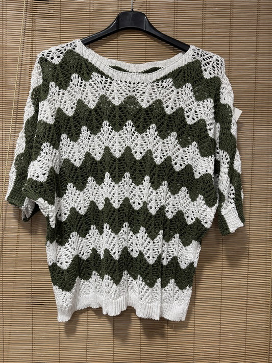 Pull ajouré manches courtes zigzag kaki