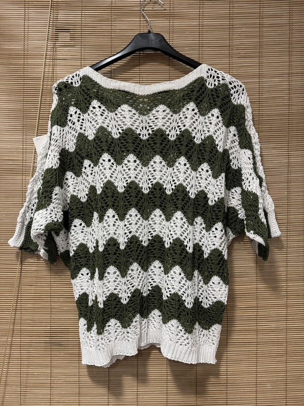 Pull ajouré manches courtes zigzag kaki