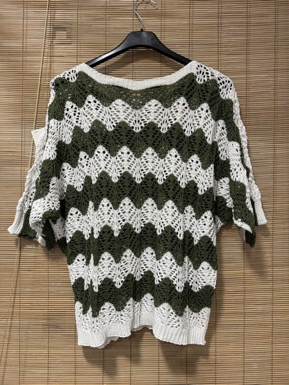 Pull ajouré manches courtes zigzag kaki