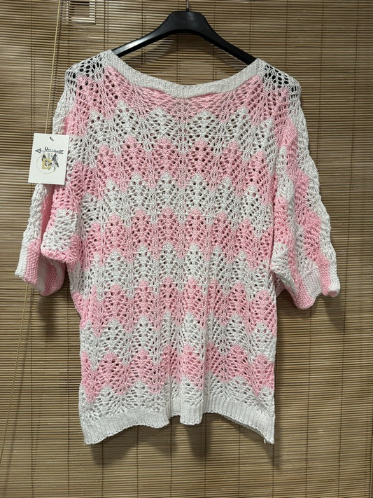 Pull ajouré manches courtes zigzag rose
