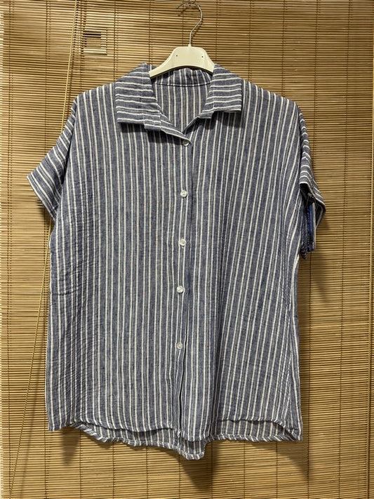 Chemisette manches courtes rayée bleu jean