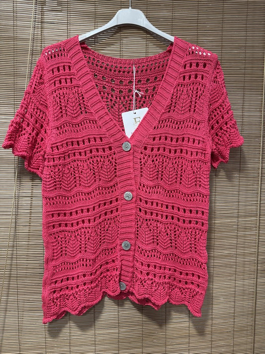 Gilet manches courtes crochet fuchsia