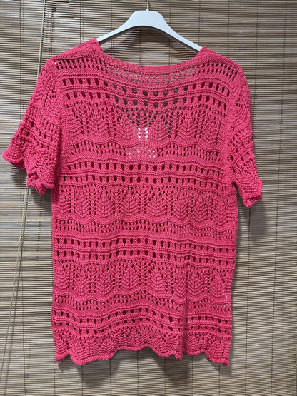 Gilet manches courtes crochet fuchsia