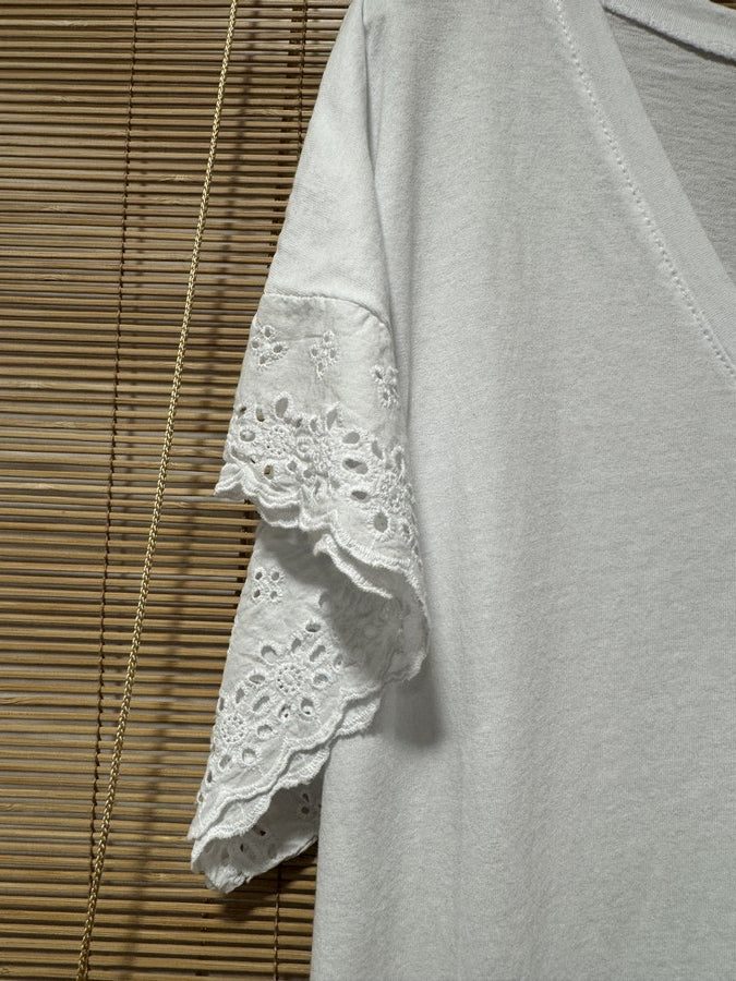T-shirt col V manches broderies anglaise blanc