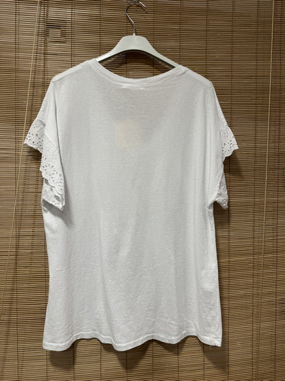 T-shirt col V manches broderies anglaise blanc