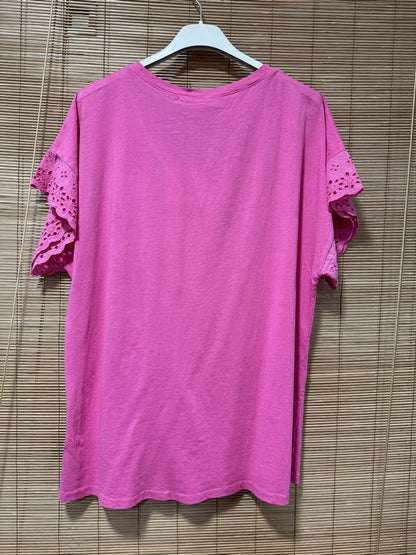 T-shirt col V manches broderies anglaise rose