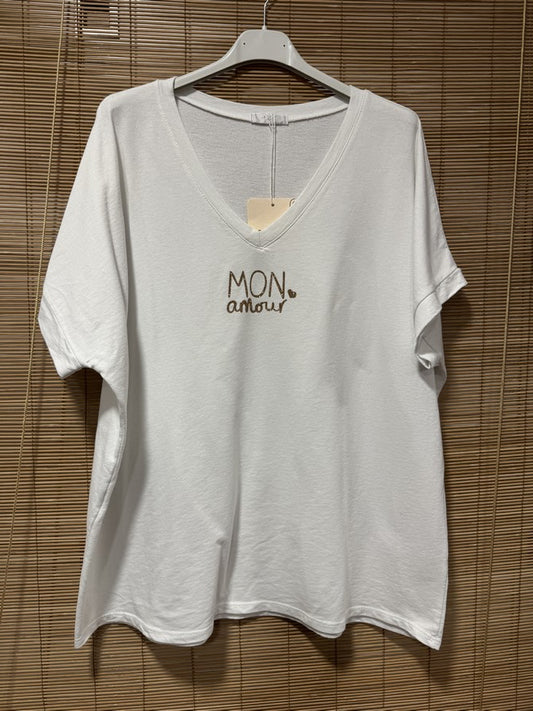 T-shirt col V Mon Amour blanc