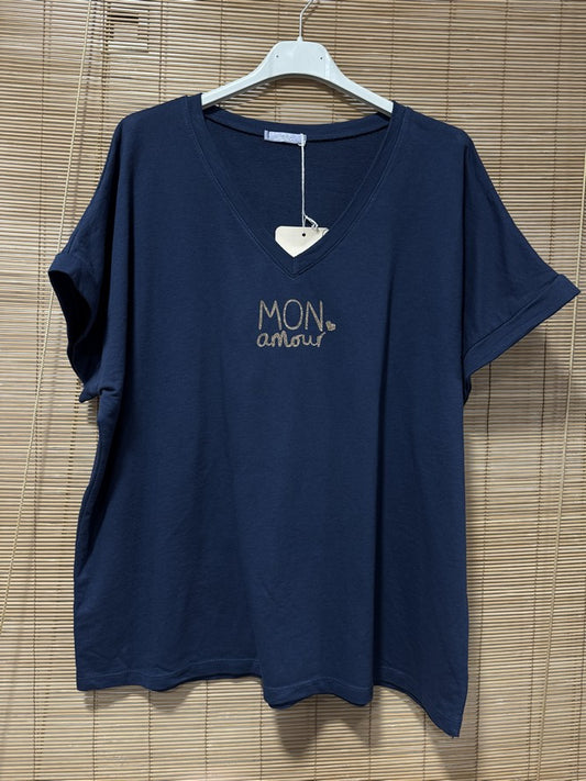 T-shirt col V Mon Amour bleu marine