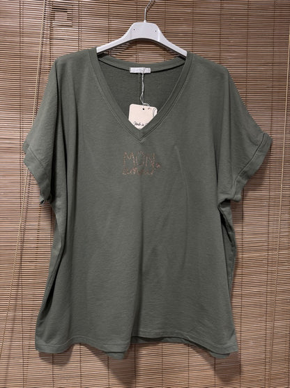 T-shirt col V Mon Amour kaki