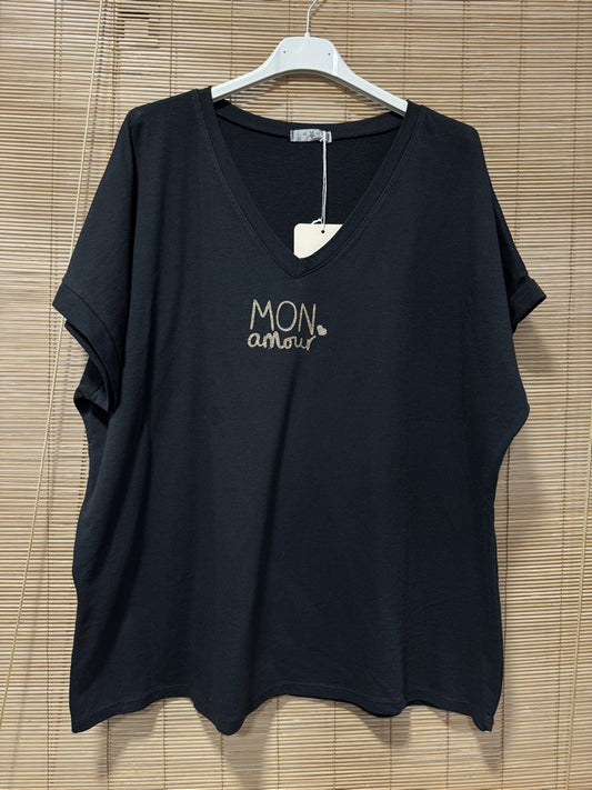 T-shirt col V Mon Amour noir
