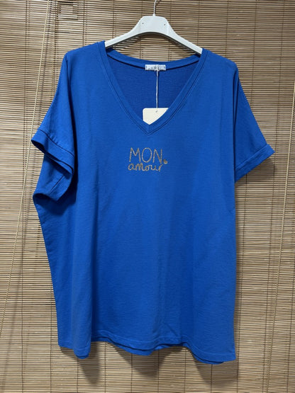 T-shirt col V Mon Amour bleu roi