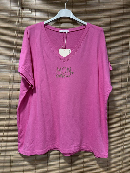T-shirt col V Mon Amour rose